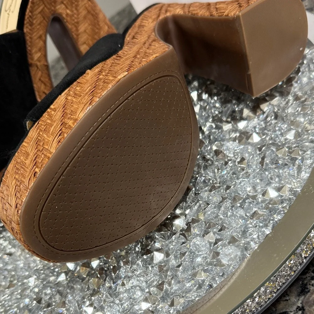 Jessica Simpson Black Suede Platform Mule Heels with Woven Brown Platform